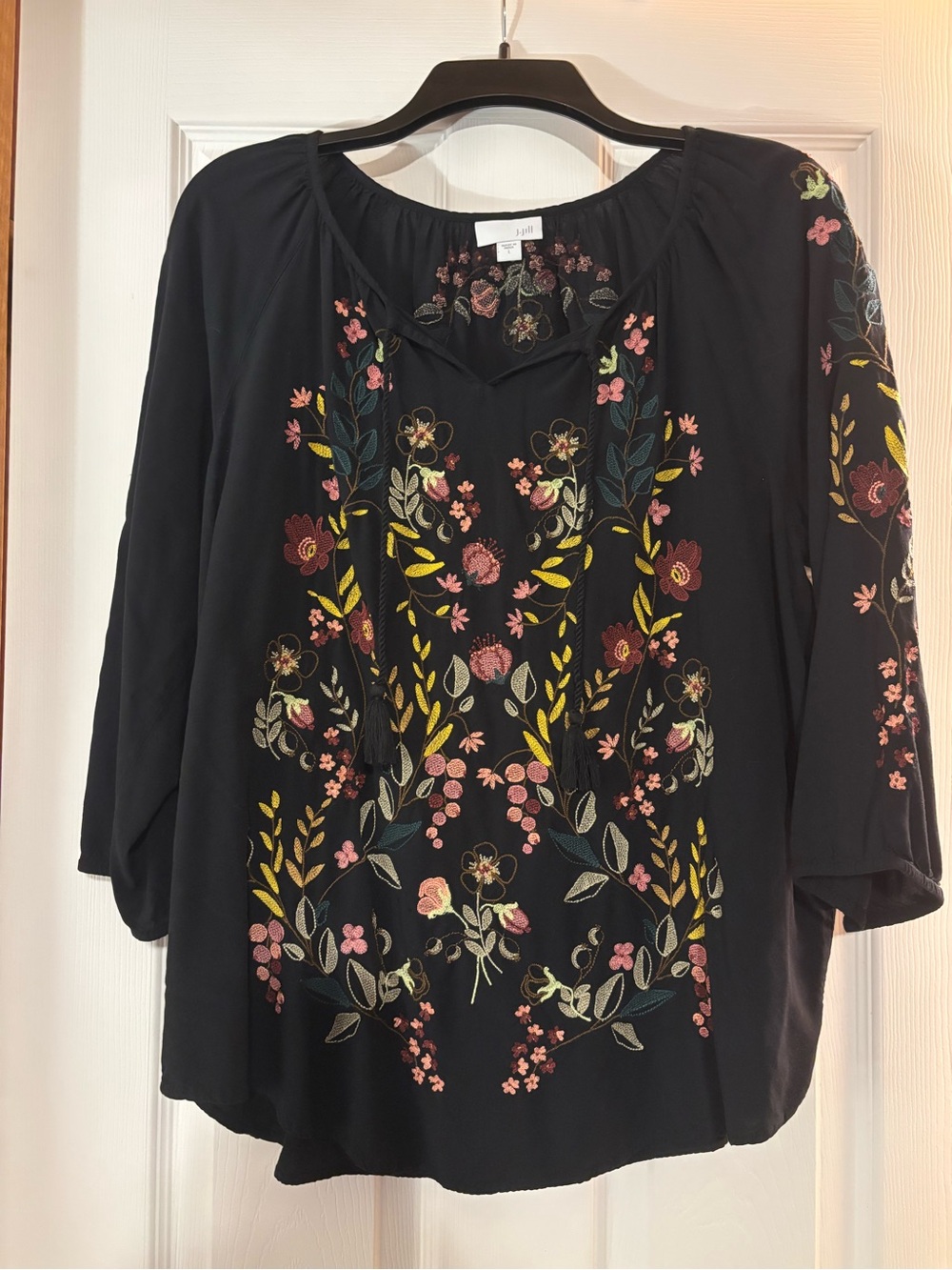 J. Jill Black Floral Embroidered Boho Peasant Blouse Size L